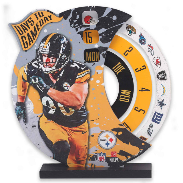 Decoración de madera con cuenta regresiva para el día del partido de los Pittsburgh Steelers de la NFL con TJ Watt