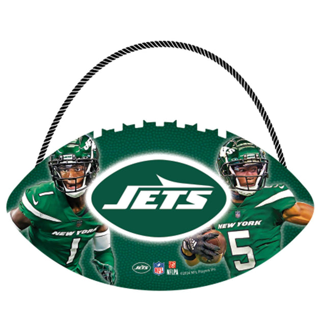 Fútbol de los Jets de Nueva York colgando de madera