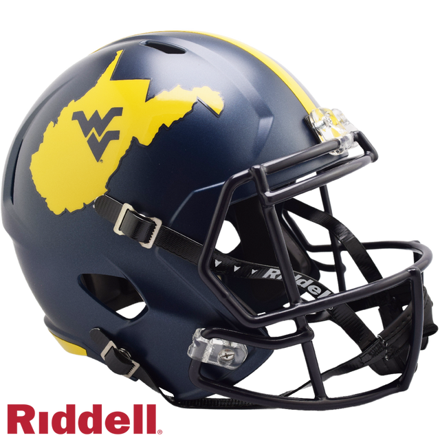 Réplica de casco de los West Virginia Mountaineers de Riddell en tamaño completo, estilo Speed, Country Roads 2023