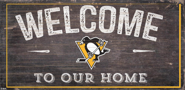 Letrero de madera de los Pittsburgh Penguins de 6 x 12 pulgadas con el texto "Bienvenidos a nuestro diseño de hogar"