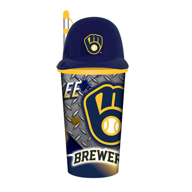 Vaso con forma de casco de los Milwaukee Brewers de plástico de 32 oz con pajita