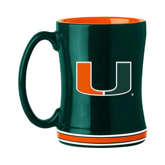 Taza de café de 14 oz de los Miami Hurricanes con el color del equipo de relevo esculpido