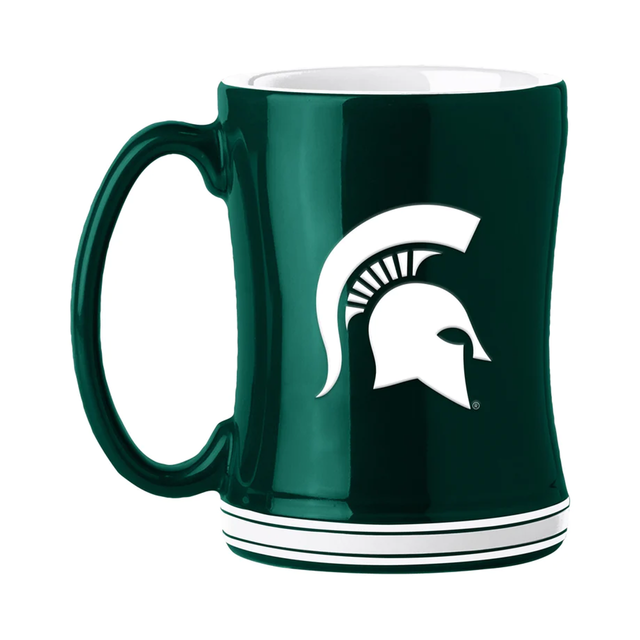 Taza de café de 14 oz de los Spartans de Michigan State con el color del equipo de relevo esculpido