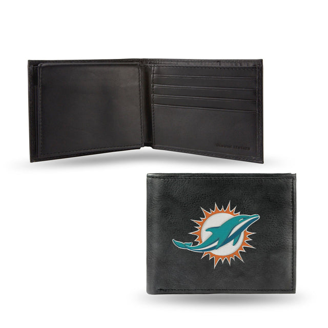 Billetera de los Miami Dolphins con bordado en cuero negro y diseño alternativo