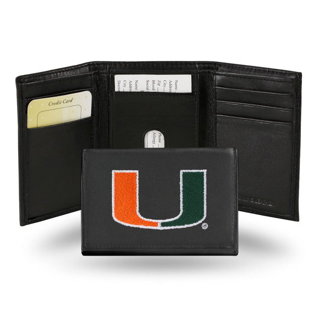 Billetera de tres pliegues de cuero bordada de los Miami Hurricanes