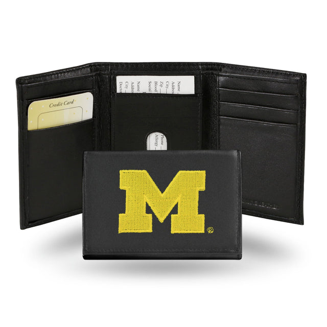 Cartera de tres pliegues de piel bordada de los Michigan Wolverines