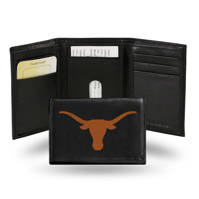 Cartera de cuero con tres pliegues de los Texas Longhorns bordada