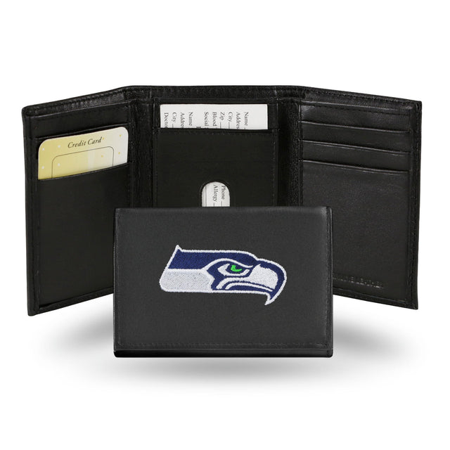 Cartera de cuero con tres pliegues de los Seattle Seahawks bordada