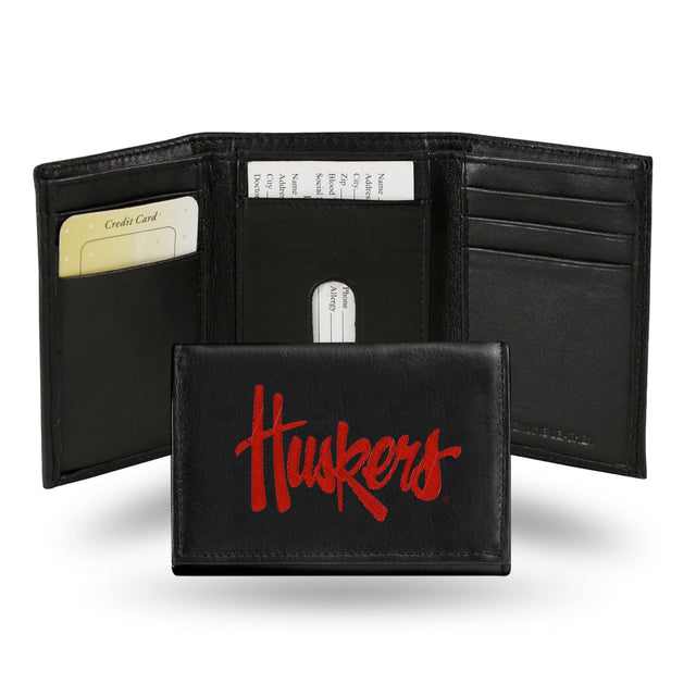 Cartera de cuero con tres pliegues de los Nebraska Cornhuskers bordada