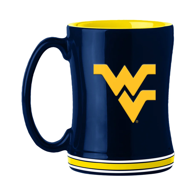 Taza de café de 14 oz de los Mountaineers de West Virginia con el color del equipo de relevo esculpido