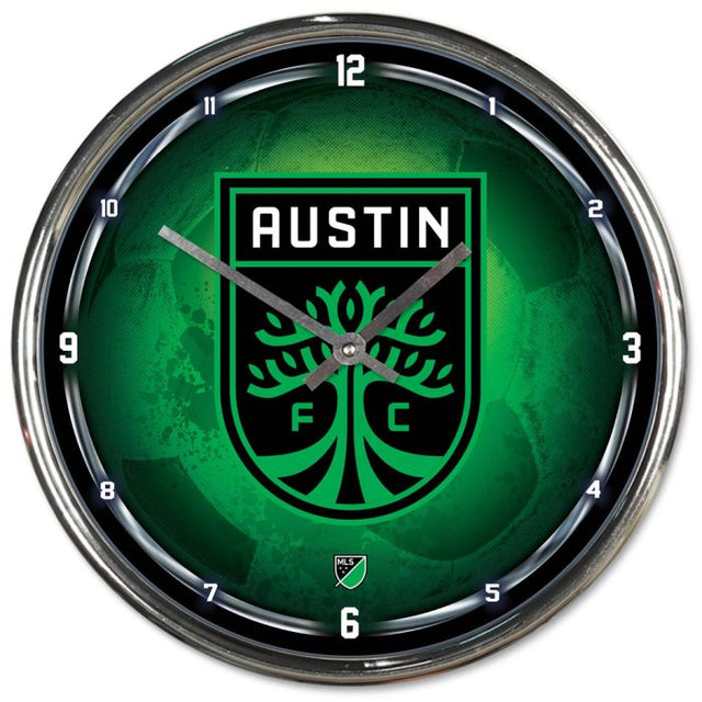 Reloj cromado con el balón de fútbol del Austin FC