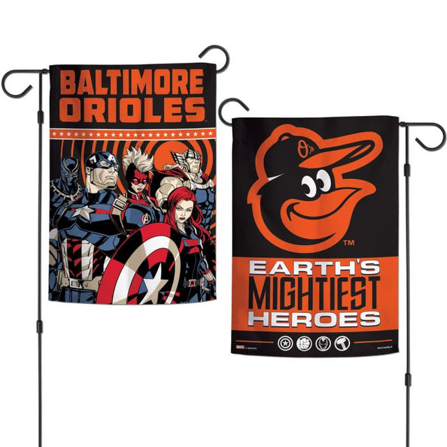 Baltimore Orioles / Marvel (c) 2021 MARVEL Garden Flags 2 sided 12.5" x 18"