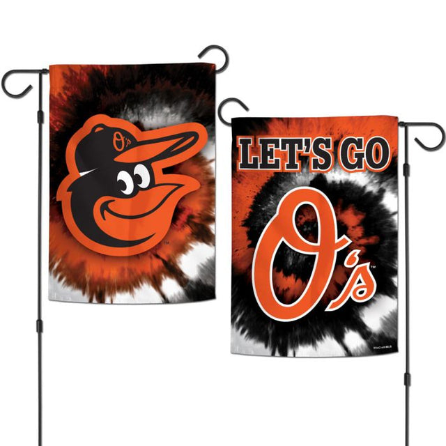 Banderas de jardín teñidas anudadas de los Baltimore Orioles, de 2 lados, 12,5" x 18"