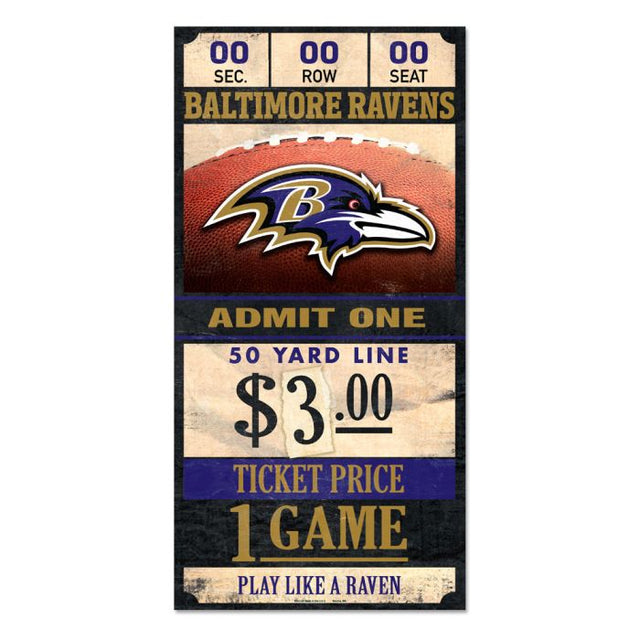 Letrero de madera con la inscripción "Baltimore Ravens Ticket" (entrada de los Baltimore Ravens) de 6 x 12 pulgadas y 3/8" de grosor