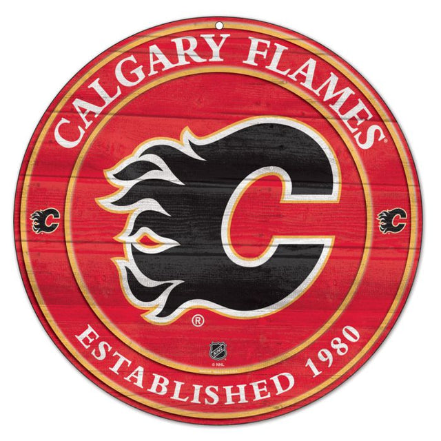 Letrero de madera con el logotipo de la tercera camiseta de Calgary Flames de 19,75"