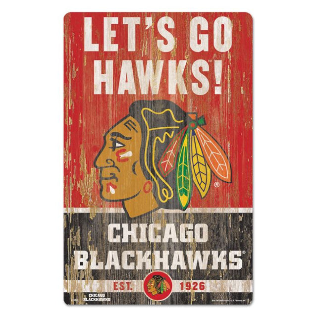 Letrero de madera con el lema de los Chicago Blackhawks, 11" x 17", 1/4" de grosor