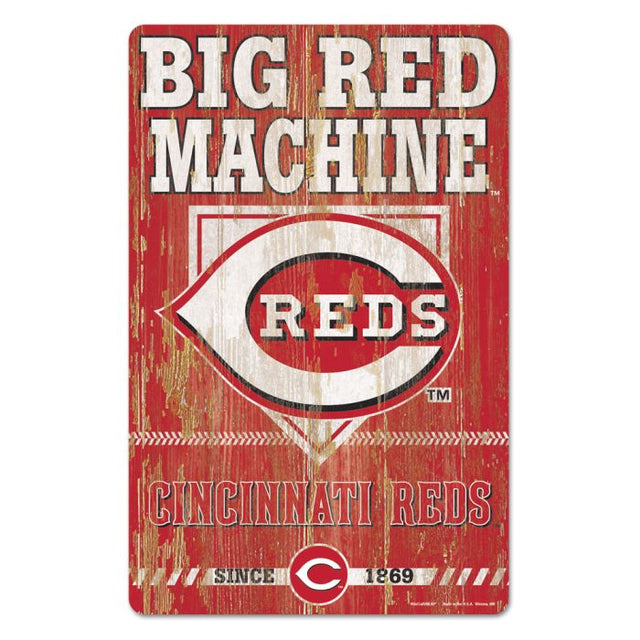 Letrero de madera con el lema de los Cincinnati Reds, 11" x 17", 1/4" de grosor