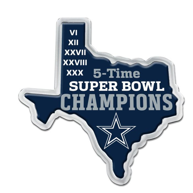 Emblema de metal cromado abovedado de los Dallas Cowboys con la forma del estado, cinco veces campeones del Super Bowl