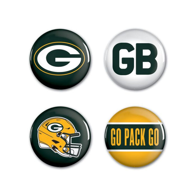 Paquete de 4 botones con el lema, casco, clásico y principal de los Green Bay Packers, 1 1/4" de diámetro