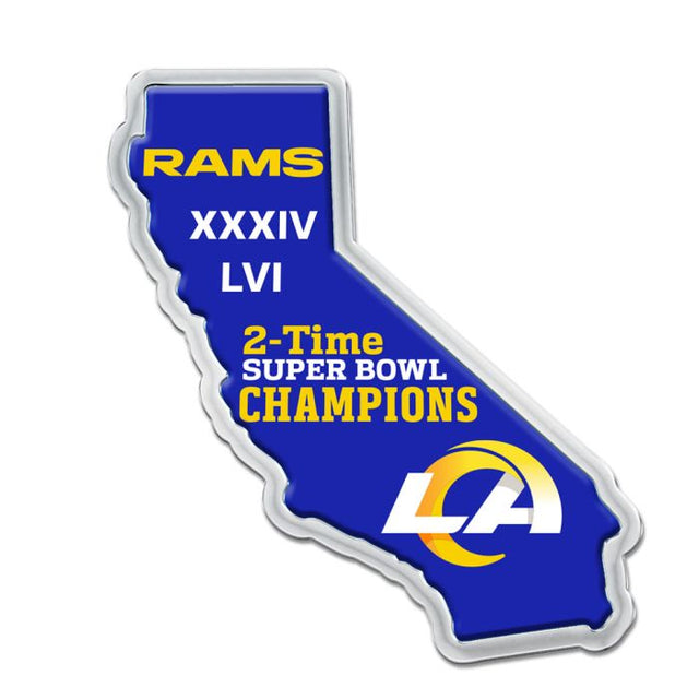 Los Angeles Rams STATE SHAPE; 2 TIME SUPER BOWL CHAMPS Chrome Metal Domed Emblem