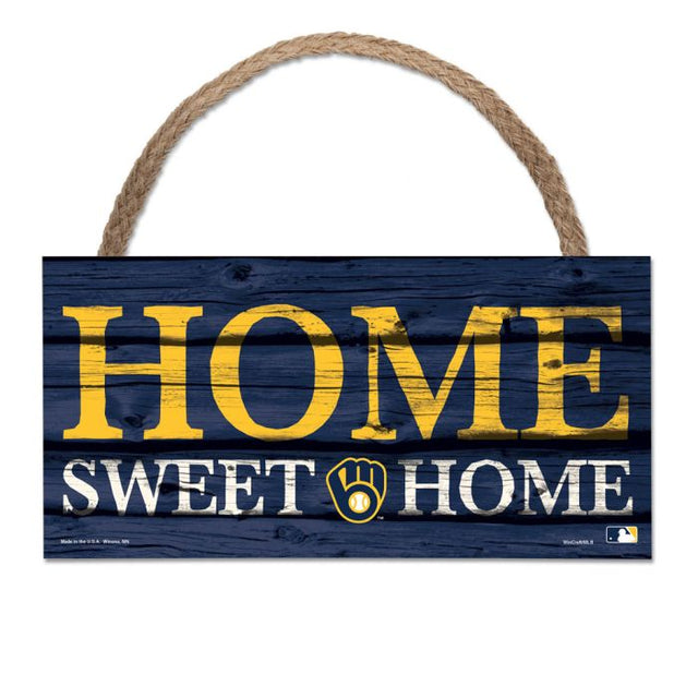 Letrero de madera con cuerda de 5 x 10 pulgadas con la frase "Hogar, dulce hogar" de los Milwaukee Brewers