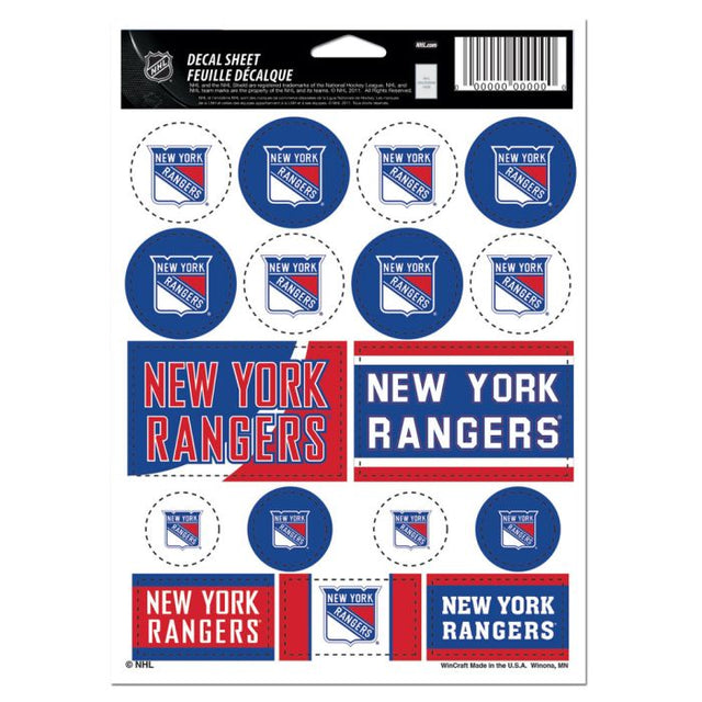 Lámina de calcomanías de vinilo de los New York Rangers de 5" x 7"