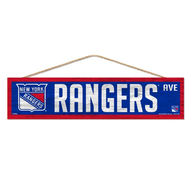 Letrero de madera de los New York Rangers con cuerda, 4" x 17"