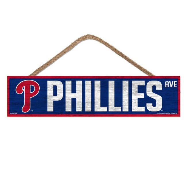 Letrero de madera de los Philadelphia Phillies con cuerda, 4" x 17"