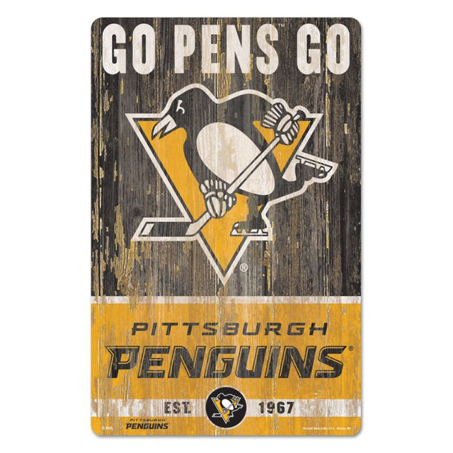 Letrero de madera con el lema de los Pittsburgh Penguins, 11" x 17", 1/4" de grosor