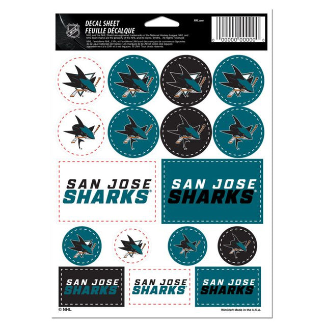 Lámina de calcomanías de vinilo de los San Jose Sharks de 5" x 7"