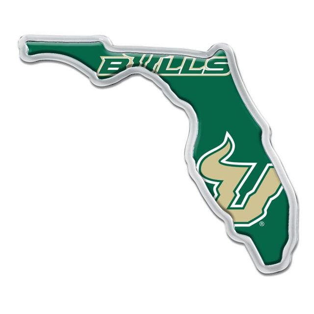 Emblema de metal cromado abovedado con el logotipo de los South Florida Bulls de South Florida Bulls