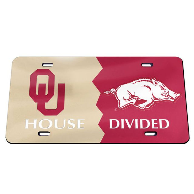 Oklahoma Sooners / Arkansas Razorbacks HOUSE DIVIDED Specialty Acrylic License Plate Rivalry