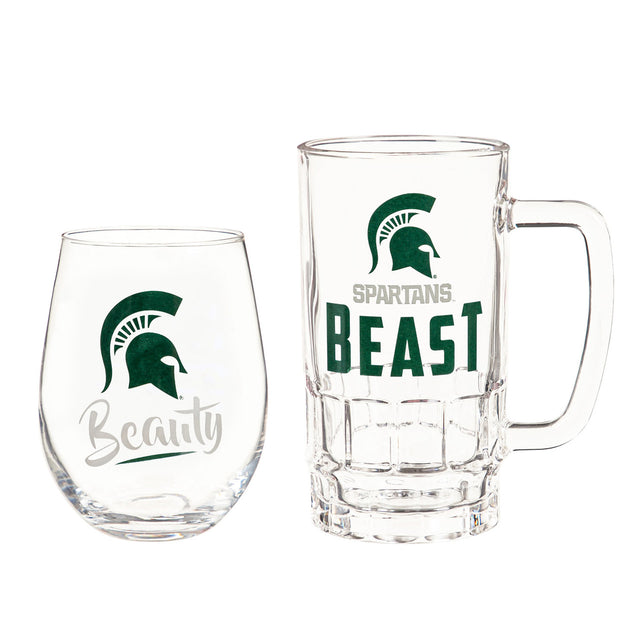 Juego de bebidas de los Spartans de Michigan State, vino sin tallo de 17 oz en caja y jarra de 16 oz