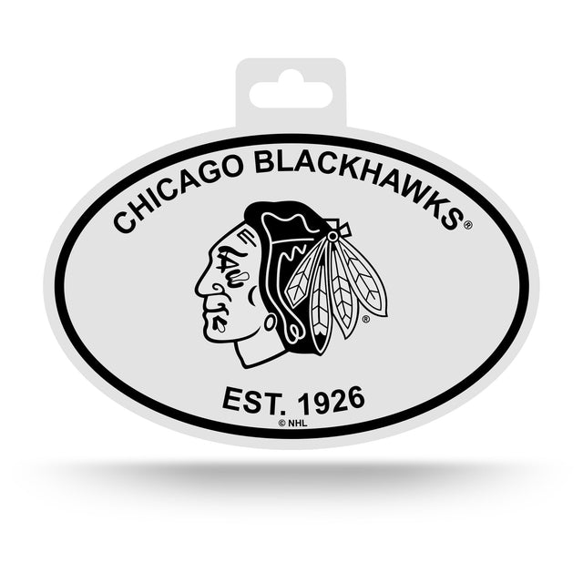 Pegatina ovalada en blanco y negro de los Chicago Blackhawks