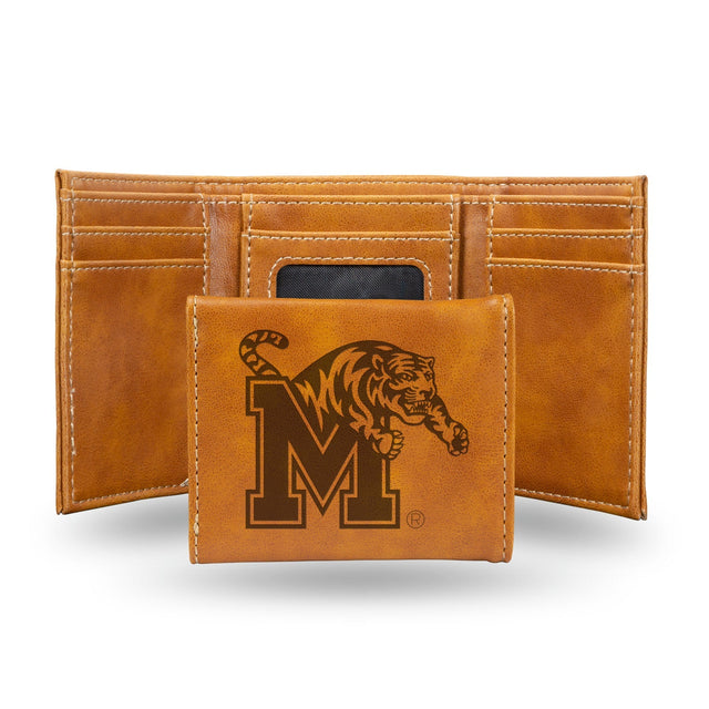 Cartera de tres pliegues con grabado láser de los Memphis Tigers, color marrón