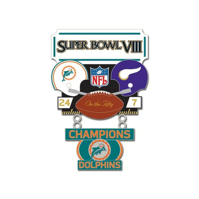 Tarjeta de joyería coleccionable con pins de los Miami Dolphins, campeones anteriores del Super Bowl