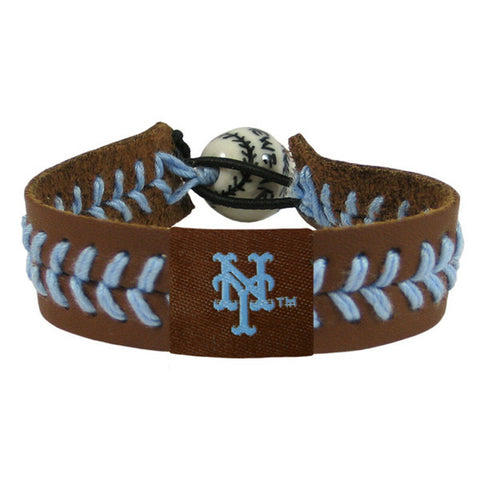New York Mets Bracelet Team Color Baseball Brown Leather Powder Blue Thread CO