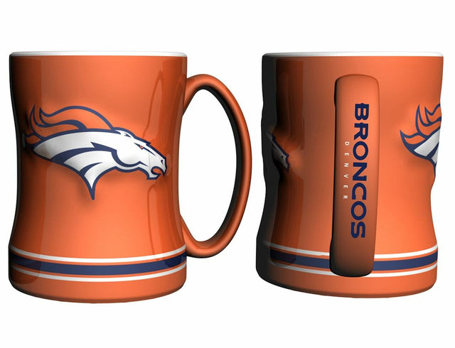 Taza de café de los Denver Broncos, relieve esculpido de 14 oz, color naranja