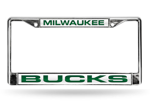 ~Milwaukee Bucks License Plate Frame Laser Cut Chrome White Background with Green Letters - Special Order~ backorder