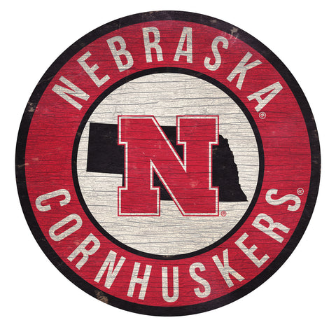 Nebraska Cornhuskers Sign Wood 12" Round State Design