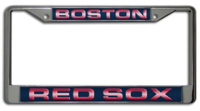 Boston Red Sox License Plate Frame Laser Cut Chrome Blue Background with Red Letters